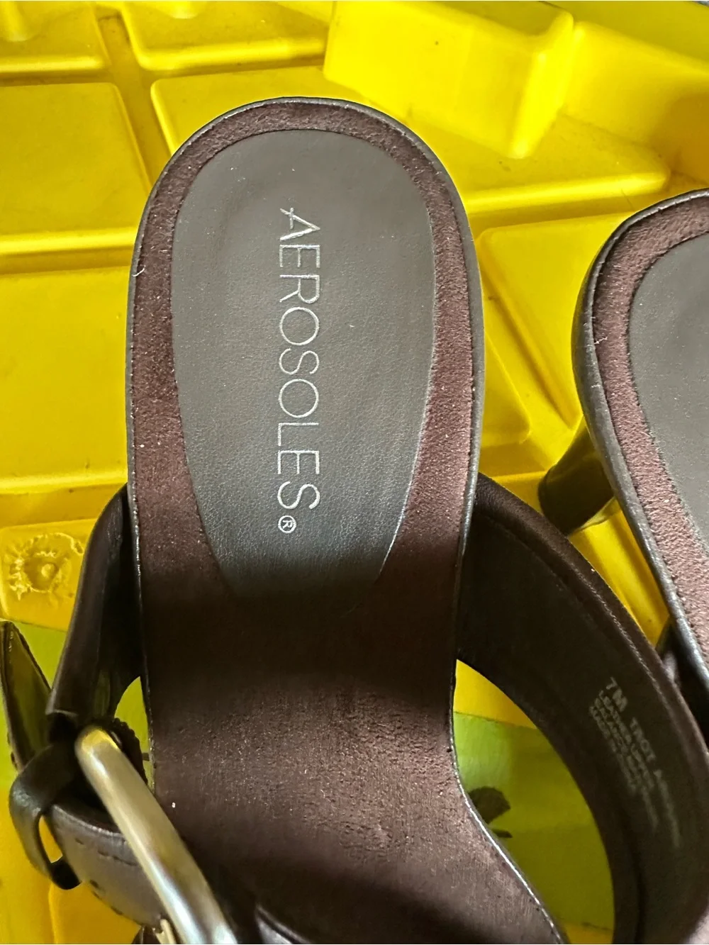 AEROSOLES Brown Leather & Navy Denim Buckle Slide Sandals GUC - size 7m